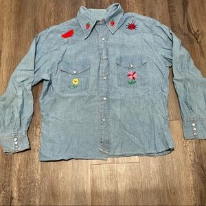 Vtg 60s 70s JCPENNEY Embroidered Shirt Blue CHAMBRAY Work Wear Retro Shirt